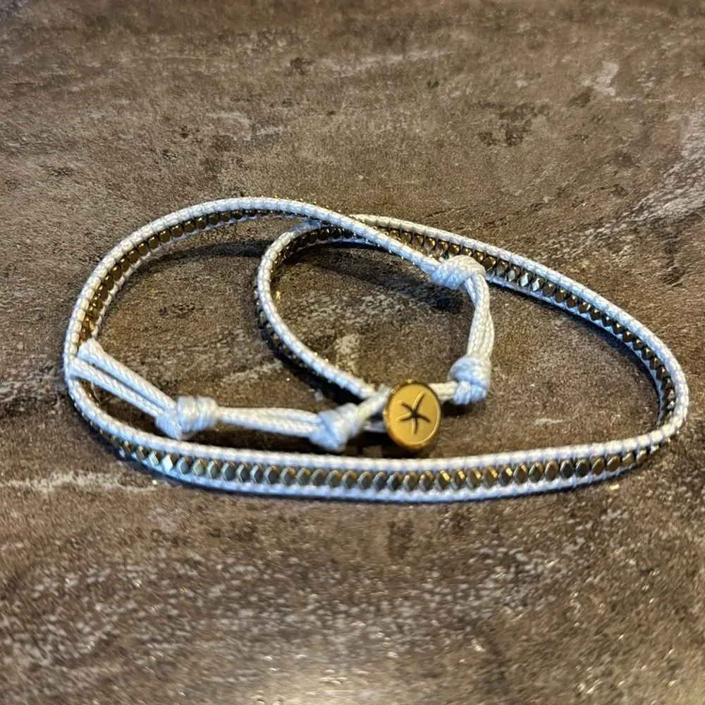Better Way Sue white gray waxed rope/gold bead adjustable wrap bracelet. NWT.