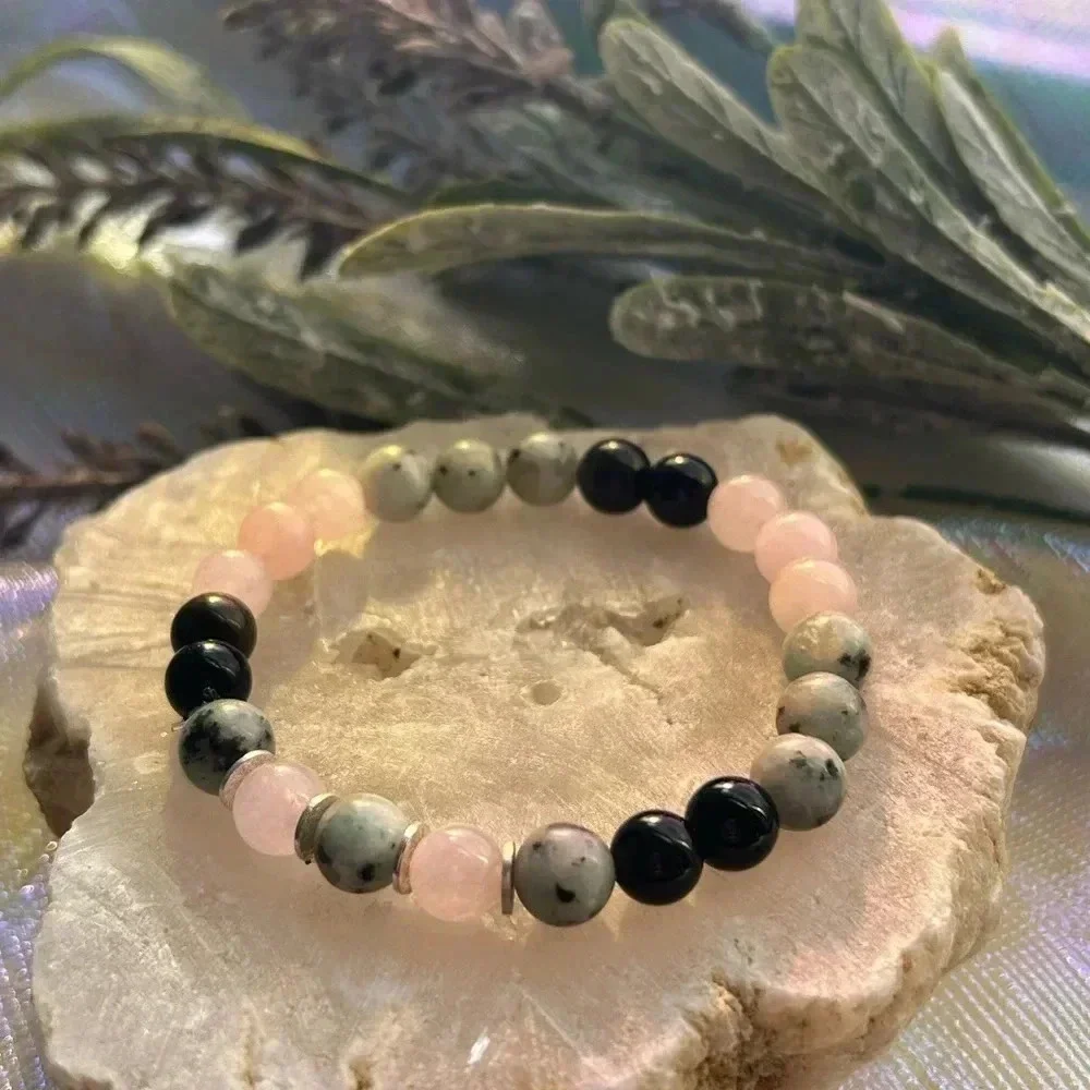 💖💚Handmade Kiwi Jasper + black obsidian + rose quartz 🥝 bracelet
