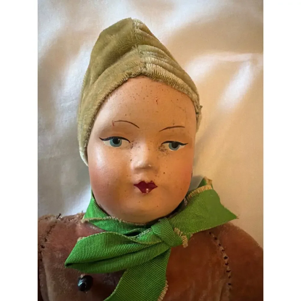 Vintage Composition Face Cloth Body Girl Doll Velvet Folk Costume 12