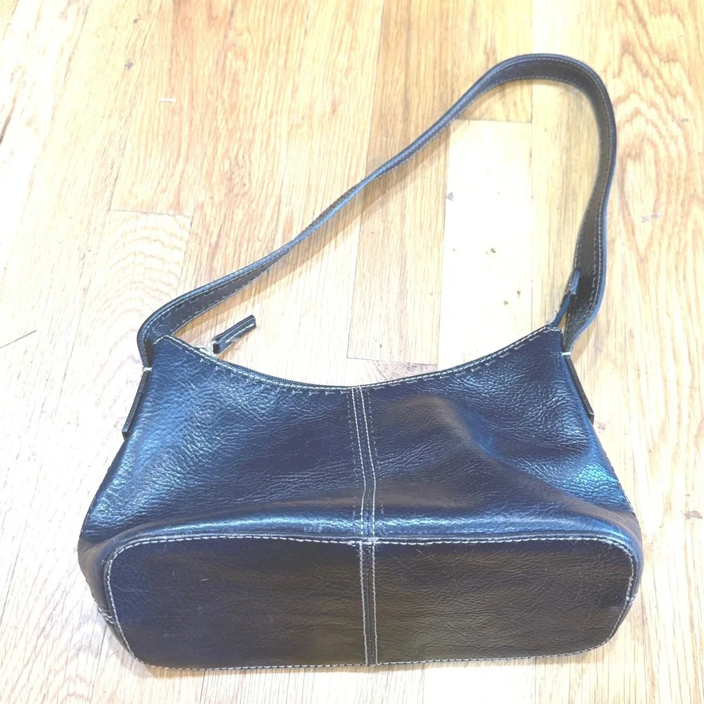 Fossil Black Genuine Leather Shoulder Bag Contrast Stitching Vintage 90s Style