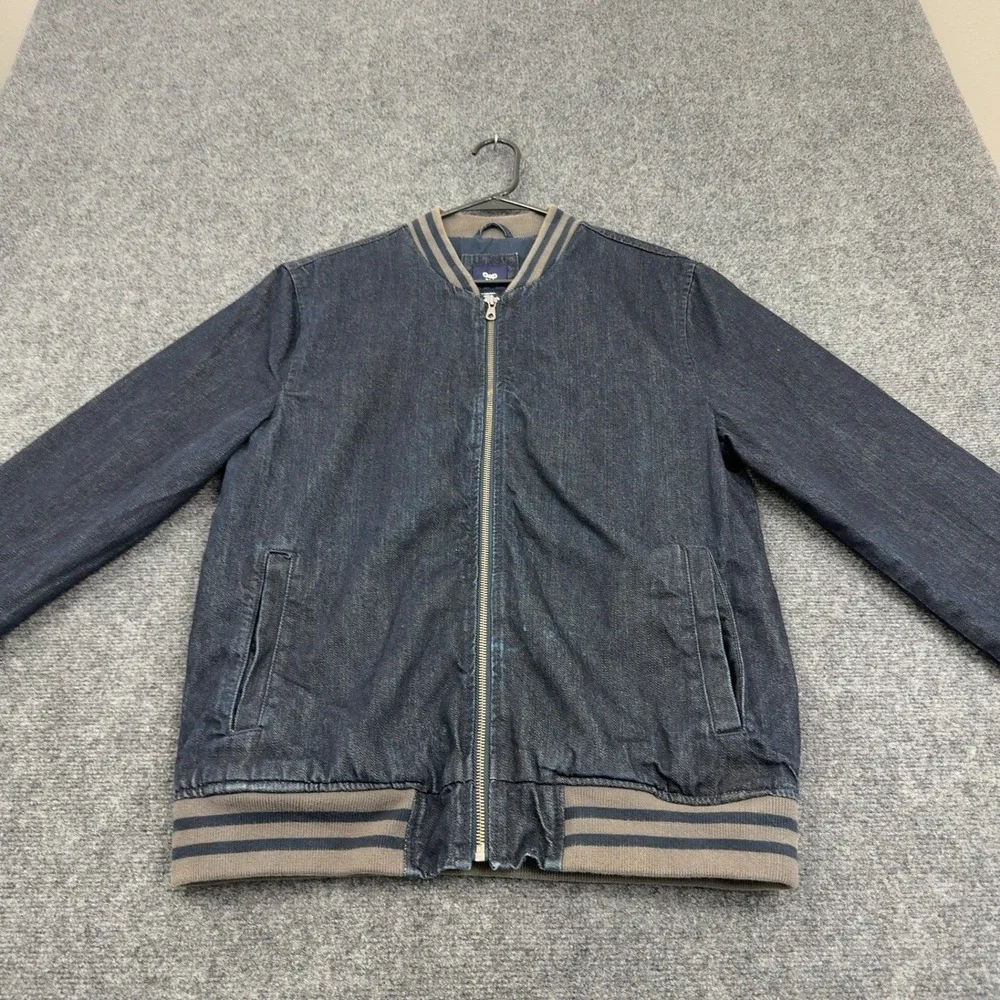 Gap Jacket Mens M Blue Denim Striped Trim Bomber Casual Streetwear