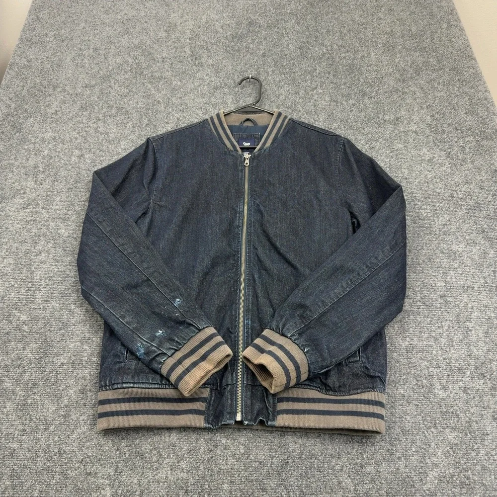 Gap Jacket Mens M Blue Denim Striped Trim Bomber Casual Streetwear