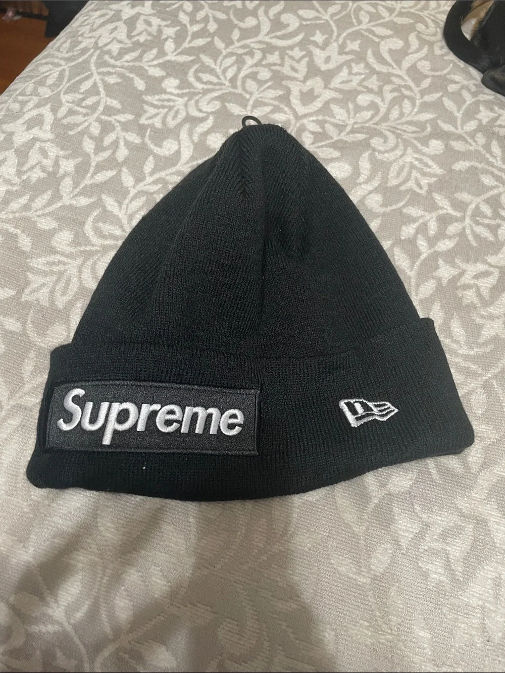 Supreme Black Beanie with White Embroidered Logos