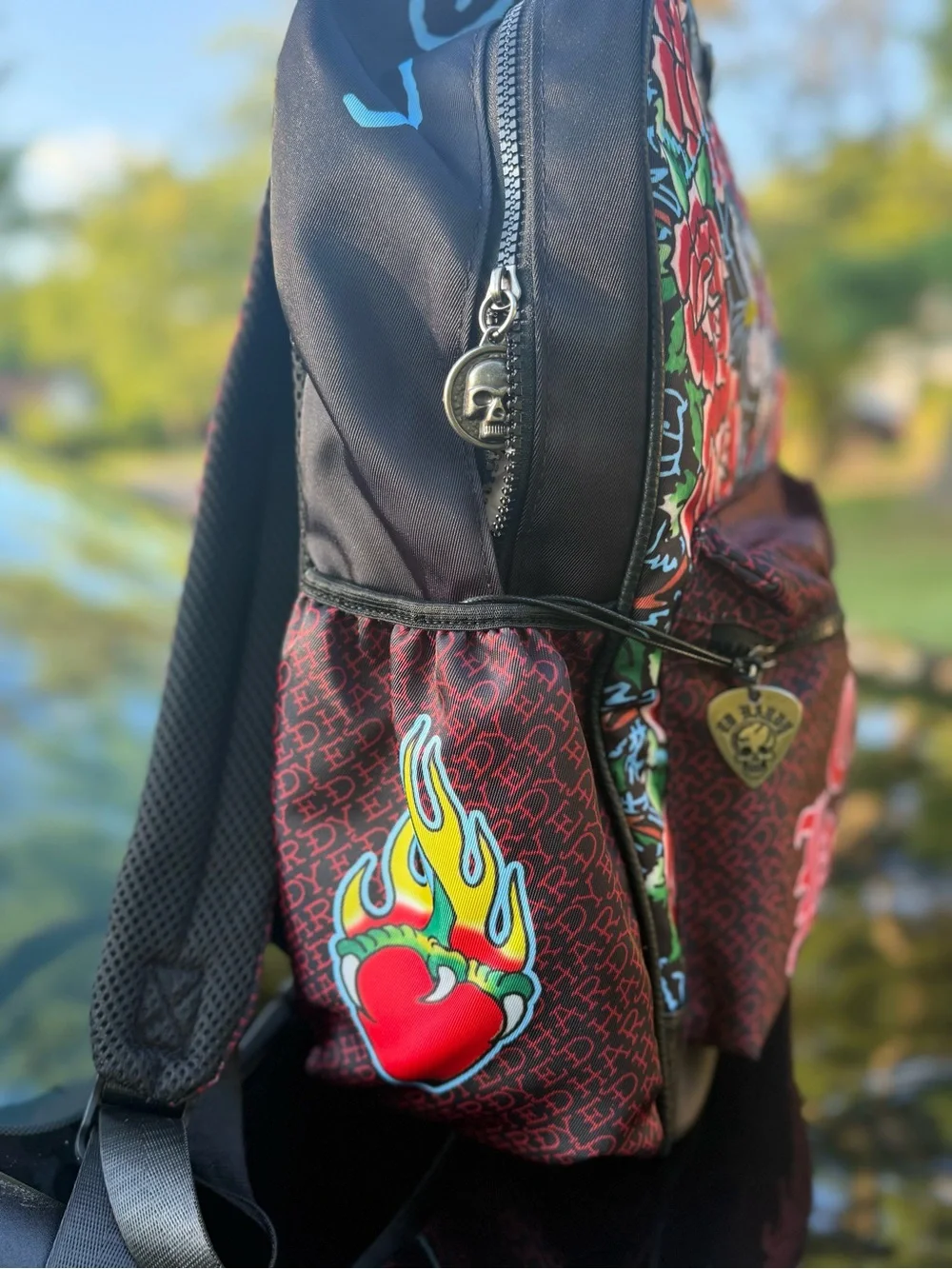 Ed Hardy Black & Red Floral 'True Death' Logo Backpack UNISEX