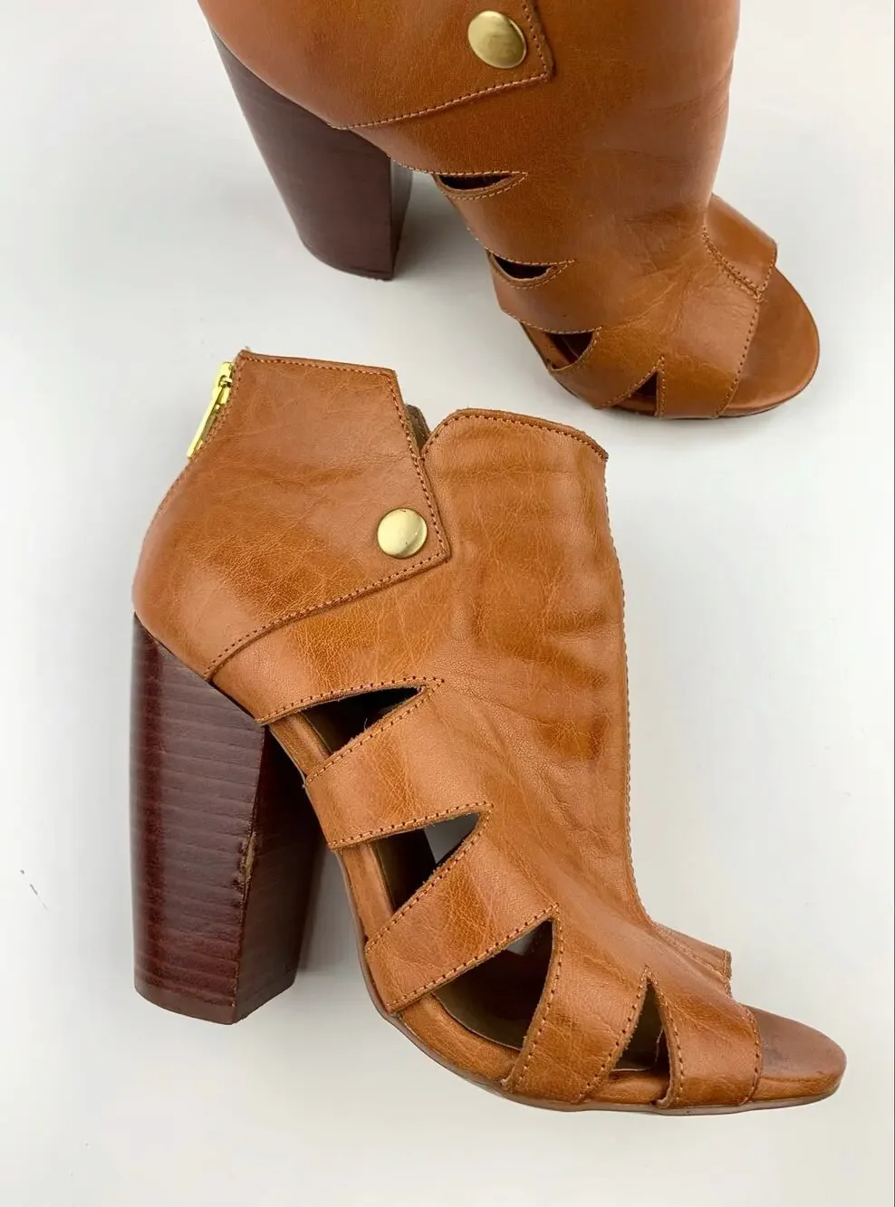 Kelsi Dagger Brooklyn KDB Peep Toe Ankle Boots Tan Leather Heels Women's 6.5