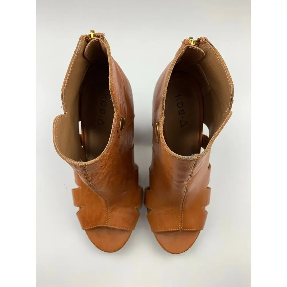 Kelsi Dagger Brooklyn KDB Peep Toe Ankle Boots Tan Leather Heels Women's 6.5