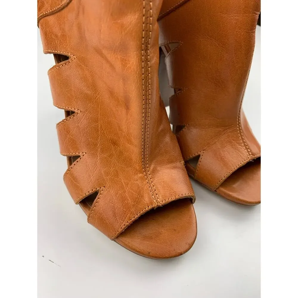 Kelsi Dagger Brooklyn KDB Peep Toe Ankle Boots Tan Leather Heels Women's 6.5