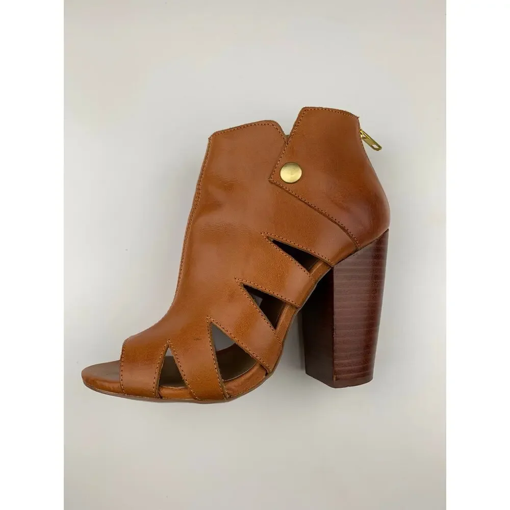 Kelsi Dagger Brooklyn KDB Peep Toe Ankle Boots Tan Leather Heels Women's 6.5
