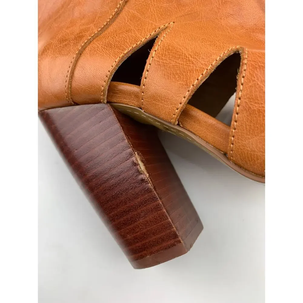 Kelsi Dagger Brooklyn KDB Peep Toe Ankle Boots Tan Leather Heels Women's 6.5