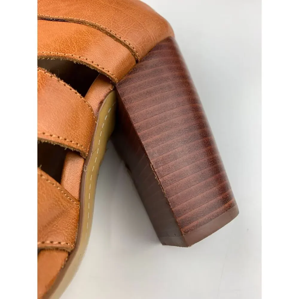 Kelsi Dagger Brooklyn KDB Peep Toe Ankle Boots Tan Leather Heels Women's 6.5