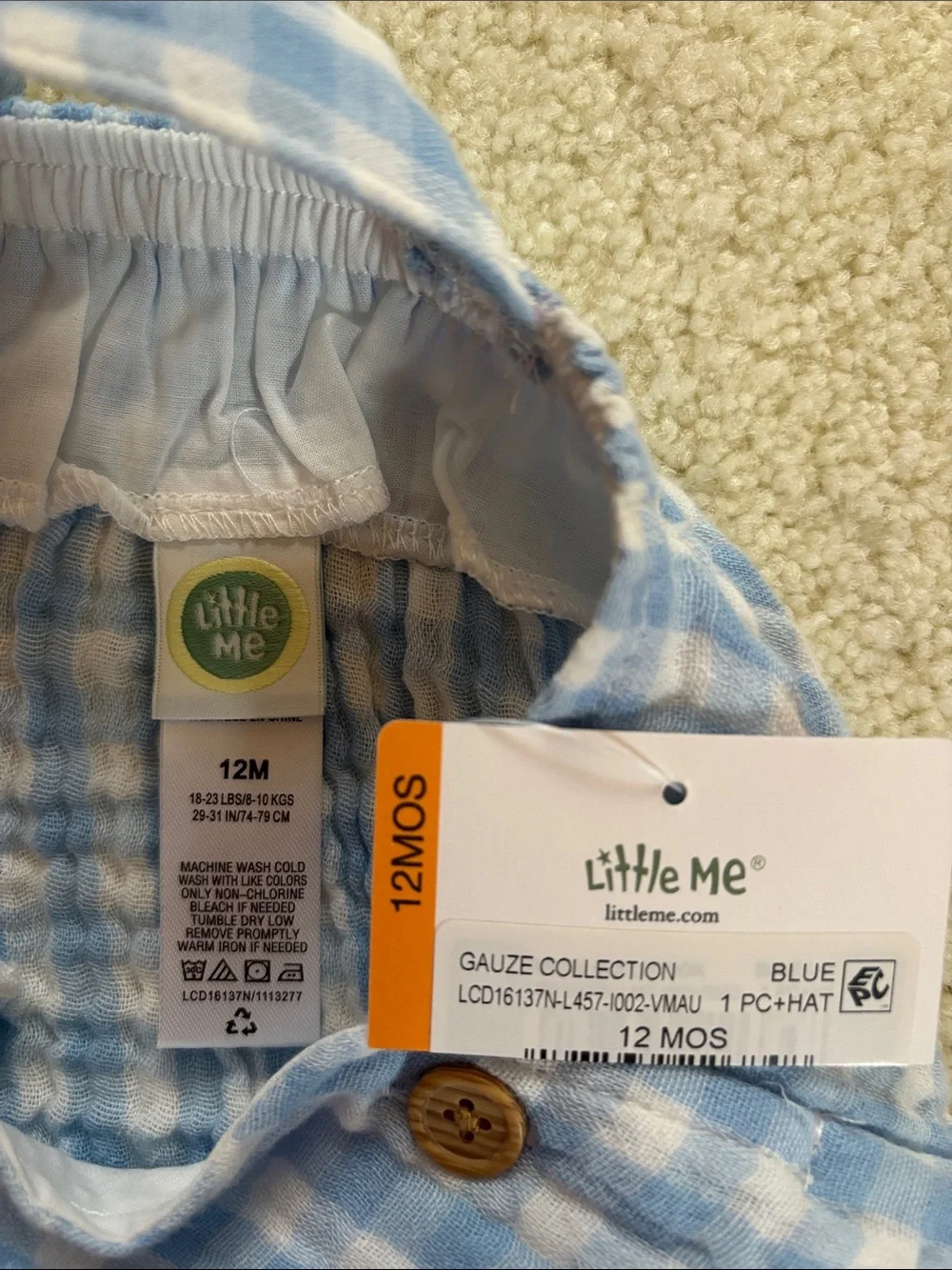 Infant Boys Little Me 100%Cotton Blue Gingham Romper with Matching Sun Hat