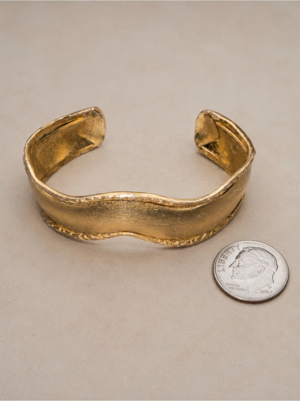 Wavy Gold Tone Cuff Bracelet Sculptural Artisan Unsigned