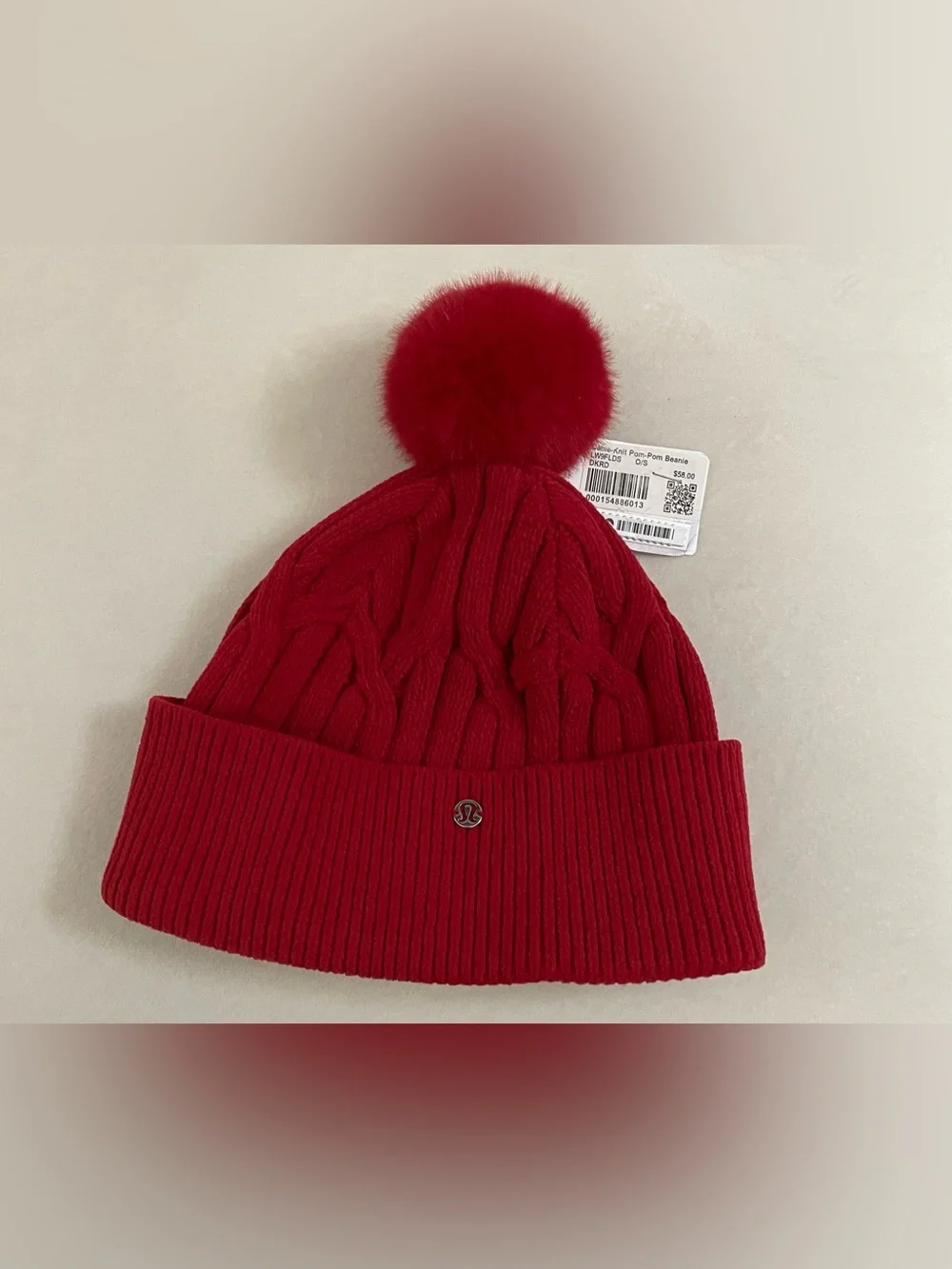 Lululemon NWT Cable Knit Red Pom-Pom Beanie dark red
