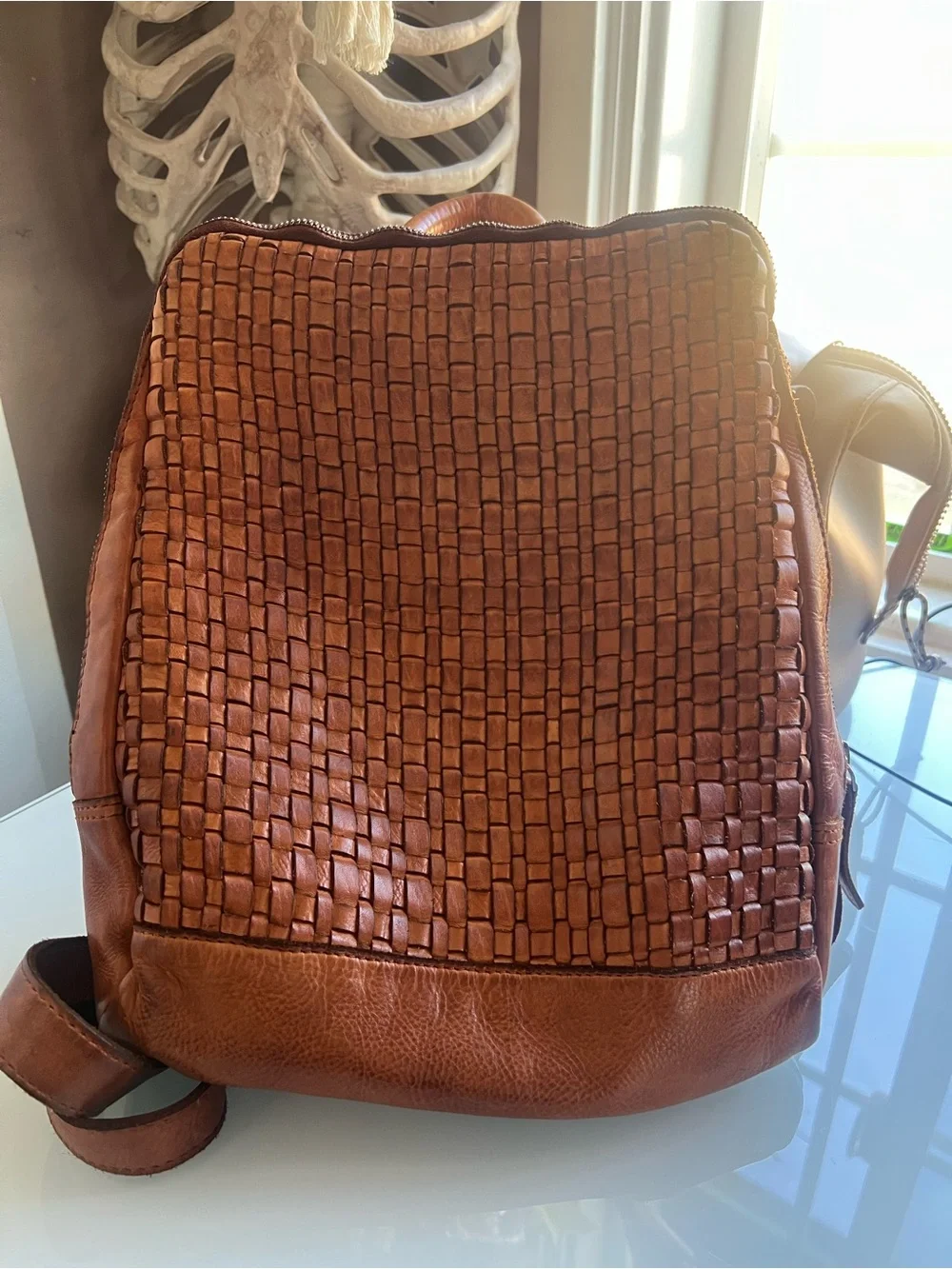 Woven Leather Backpack - Brown