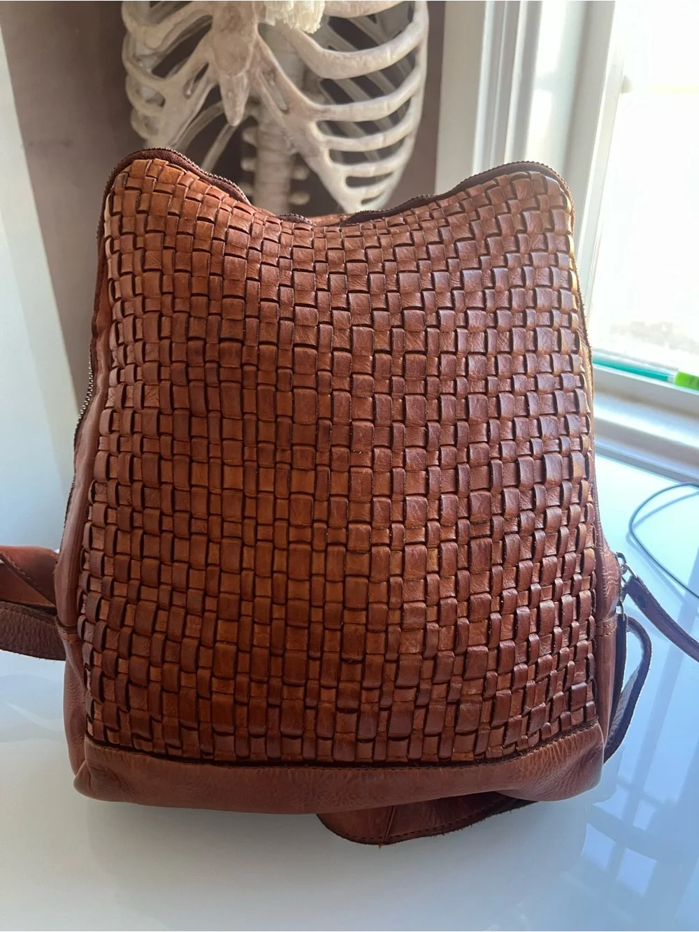 Woven Leather Backpack - Brown