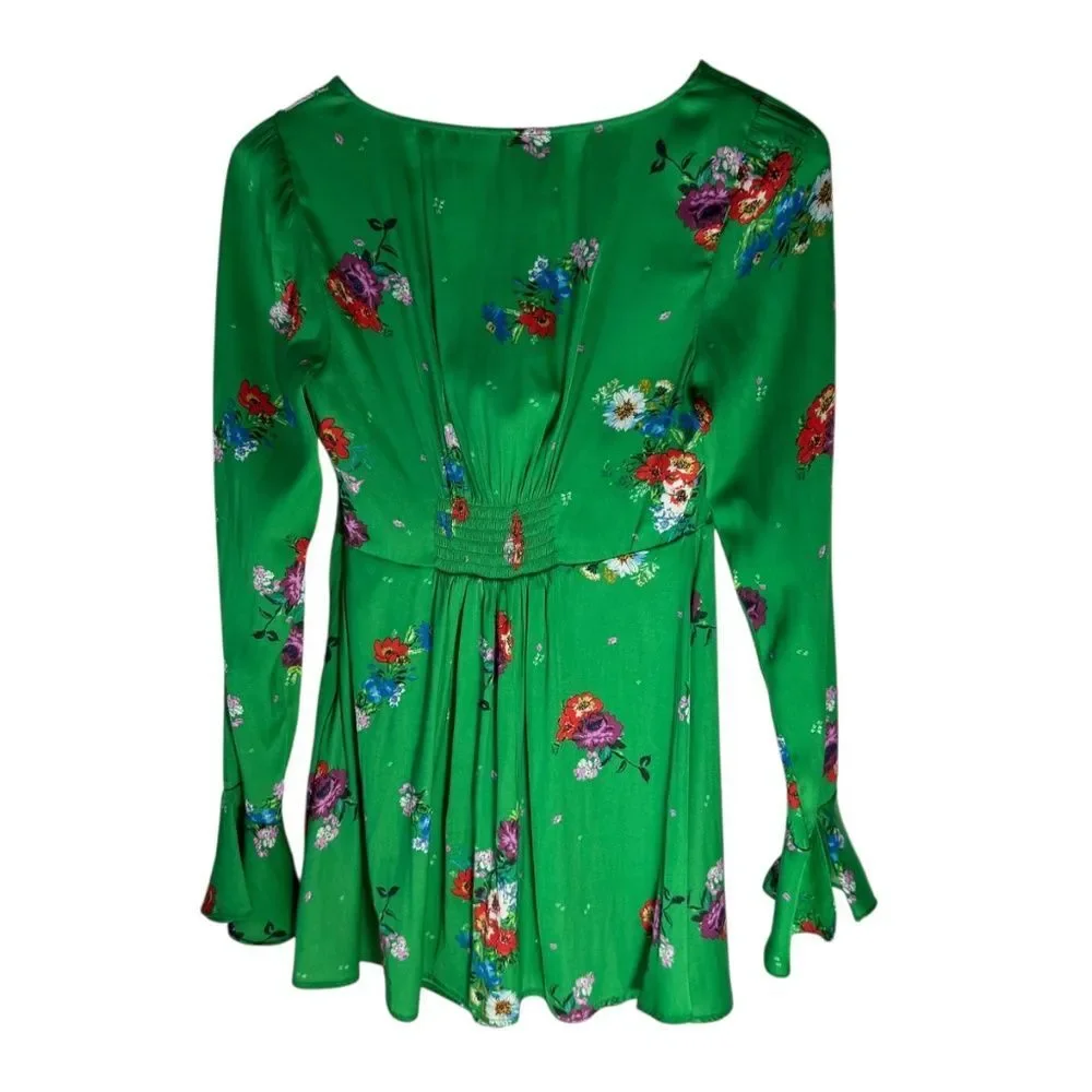 Free People Grass Green‎ Floral Bell Sleeve Deep V Neck Mini Dress Sz XS