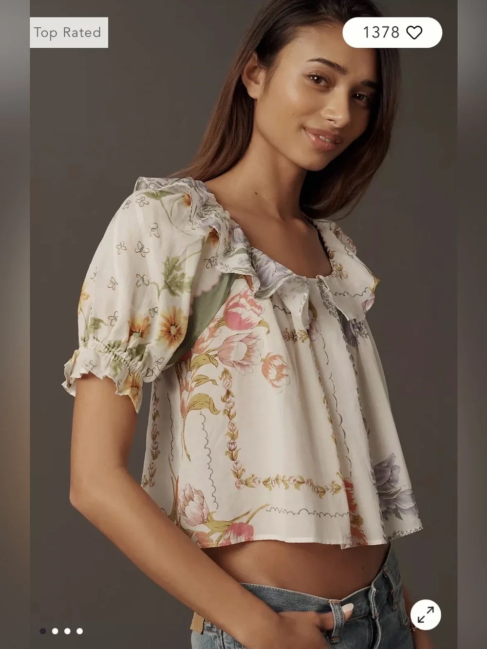 Anthropologie Puff-Sleeve Collared Blouse in Ivory Floral Size M. NWT