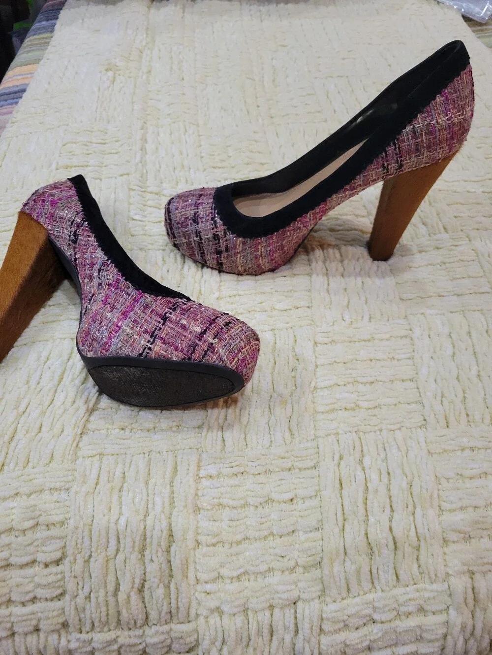 Jessica Simpson Pink Tweed Platform Pumps with Black Trim and Brown Block Heel