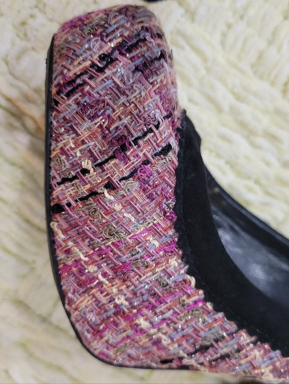 Jessica Simpson Pink Tweed Platform Pumps with Black Trim and Brown Block Heel