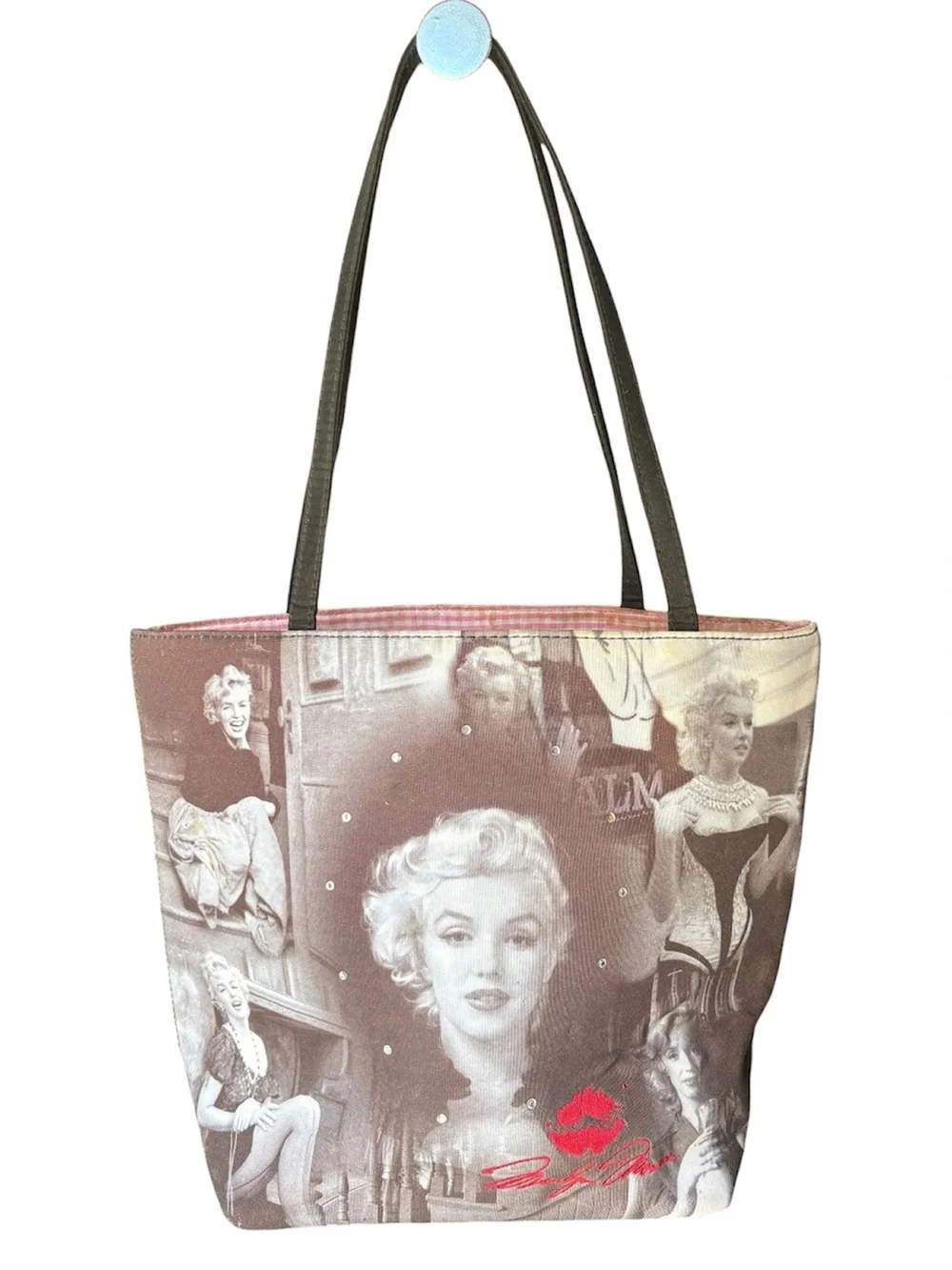Marilyn Monroe Graphic Print Tote Bag, Lined Pink Interior, Black Handles