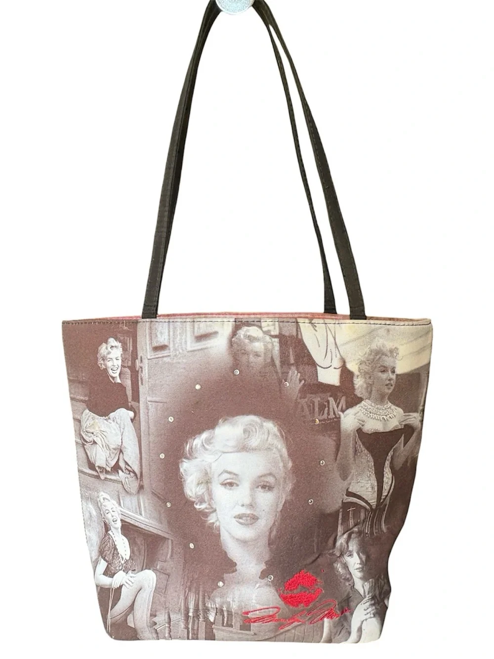 Marilyn Monroe Graphic Print Tote Bag, Lined Pink Interior, Black Handles