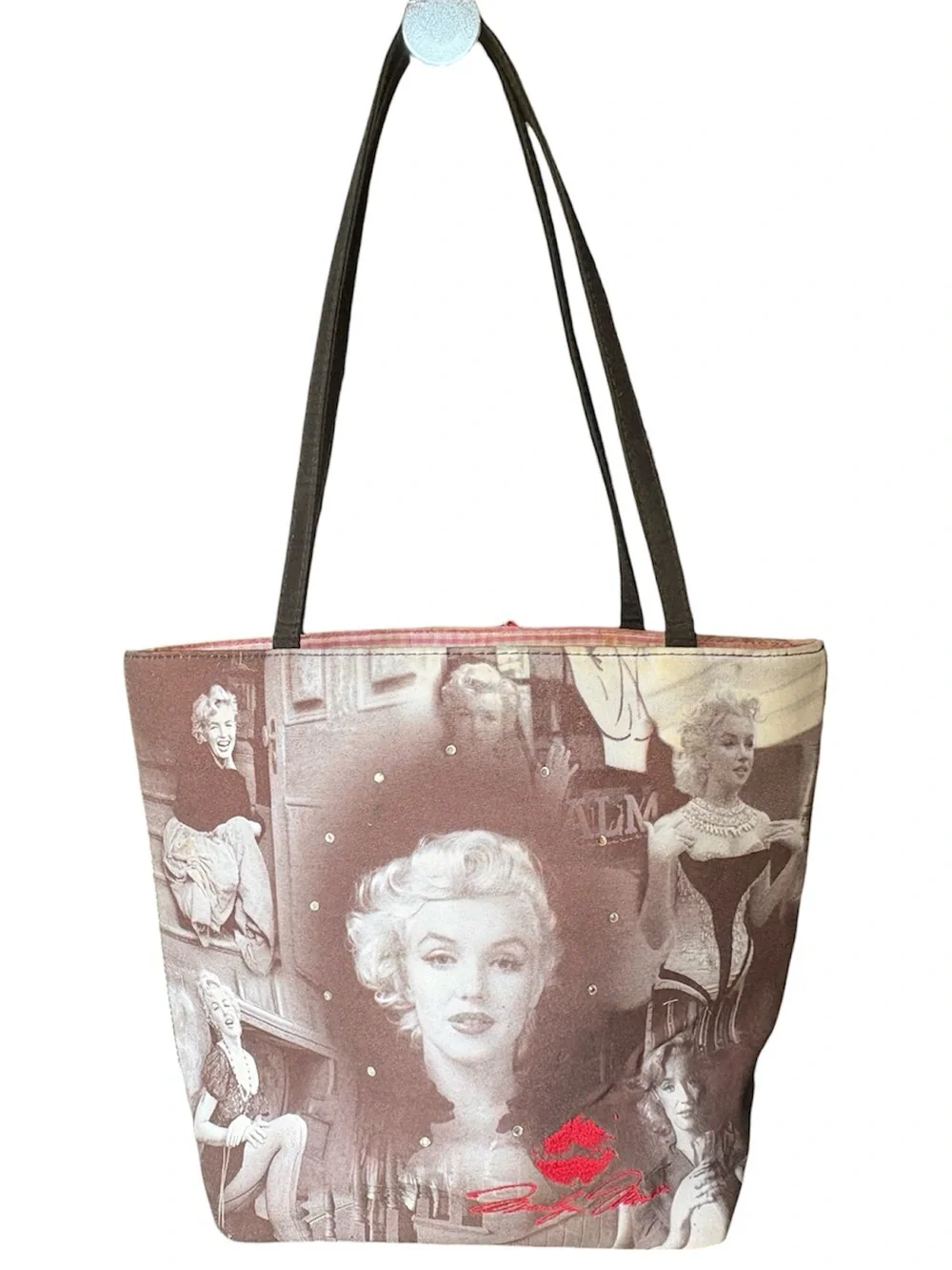 Marilyn Monroe Graphic Print Tote Bag, Lined Pink Interior, Black Handles