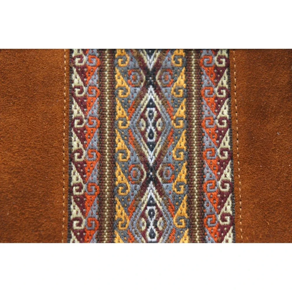 Vintage Suede Wristlet OS Brown Boho Geometric Kilim Embroidered Clutch Bag