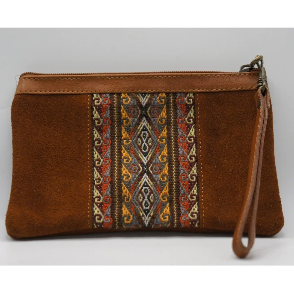 Vintage Suede Wristlet OS Brown Boho Geometric Kilim Embroidered Clutch Bag