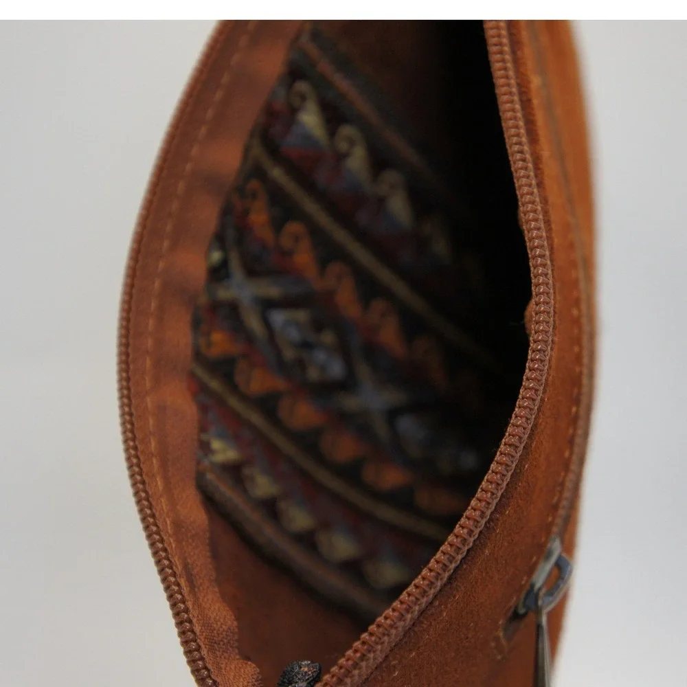 Vintage Suede Wristlet OS Brown Boho Geometric Kilim Embroidered Clutch Bag