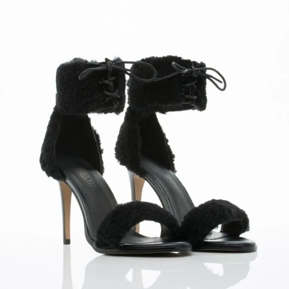 JAGGAR Transcendence Shearling Fur Heels in Black Lace Up Women's Size 8.5