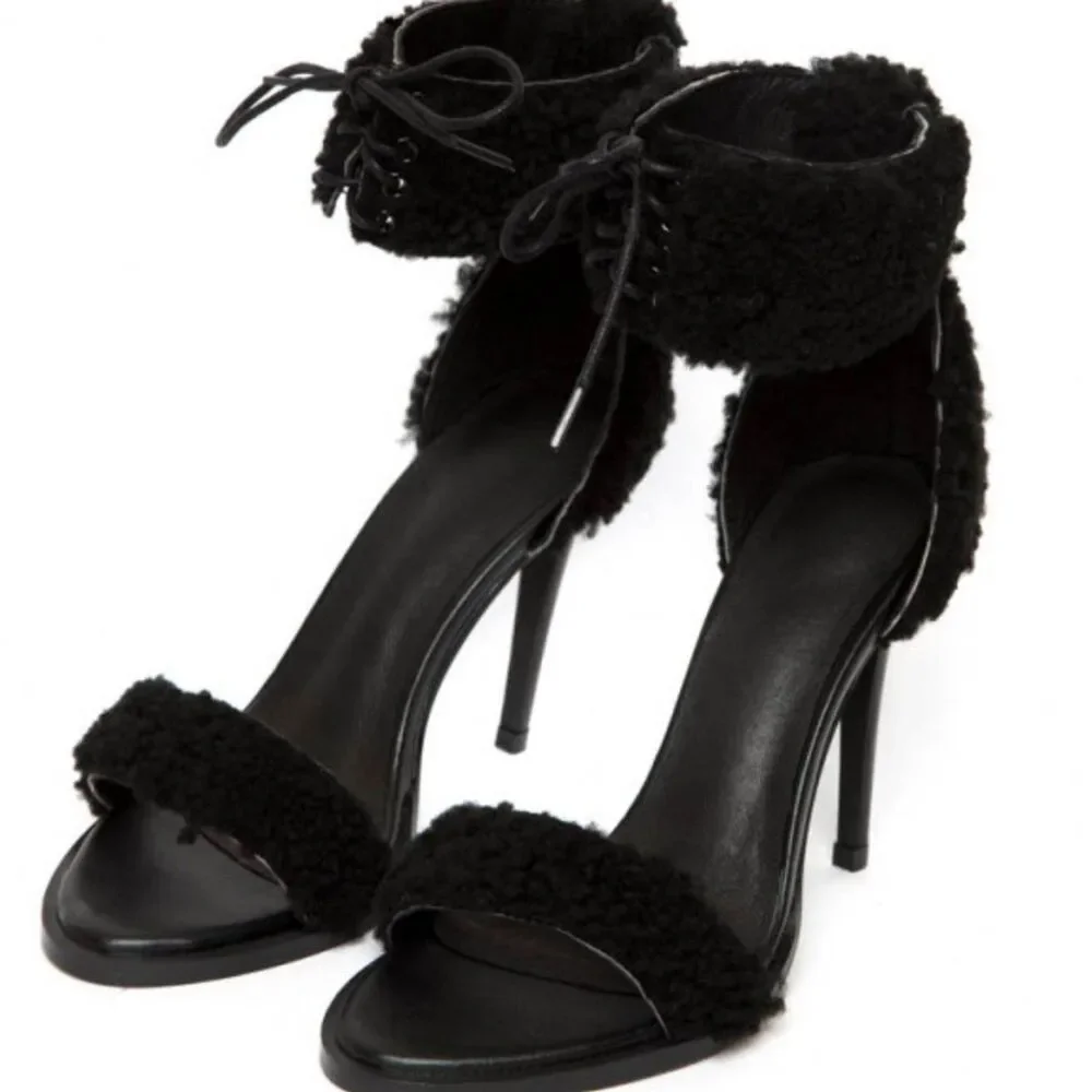 JAGGAR Transcendence Shearling Fur Heels in Black Lace Up Women's Size 8.5