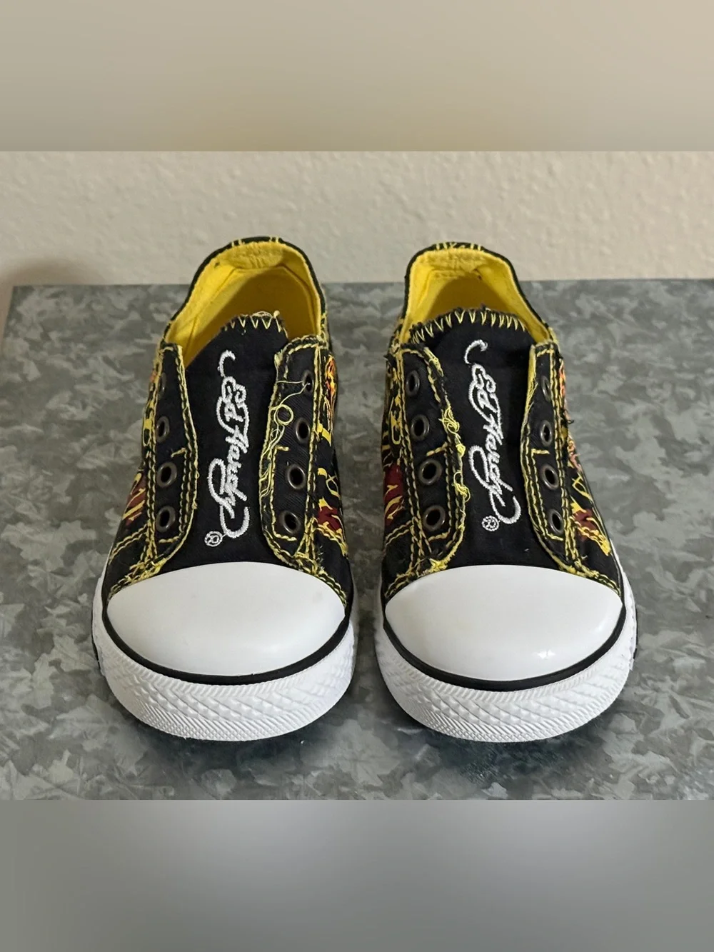 Ed Hardy Kids Black and Yellow Tattoo Graphic Slip-On Sneakers, Toddler Size 8