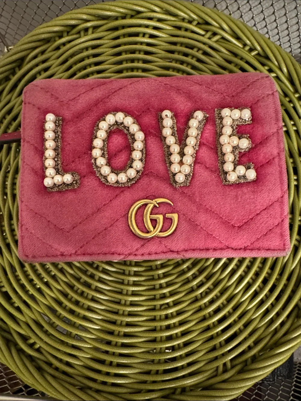Gucci Pink Velvet LOVE Pearl Embellished Wallet with Gold GG