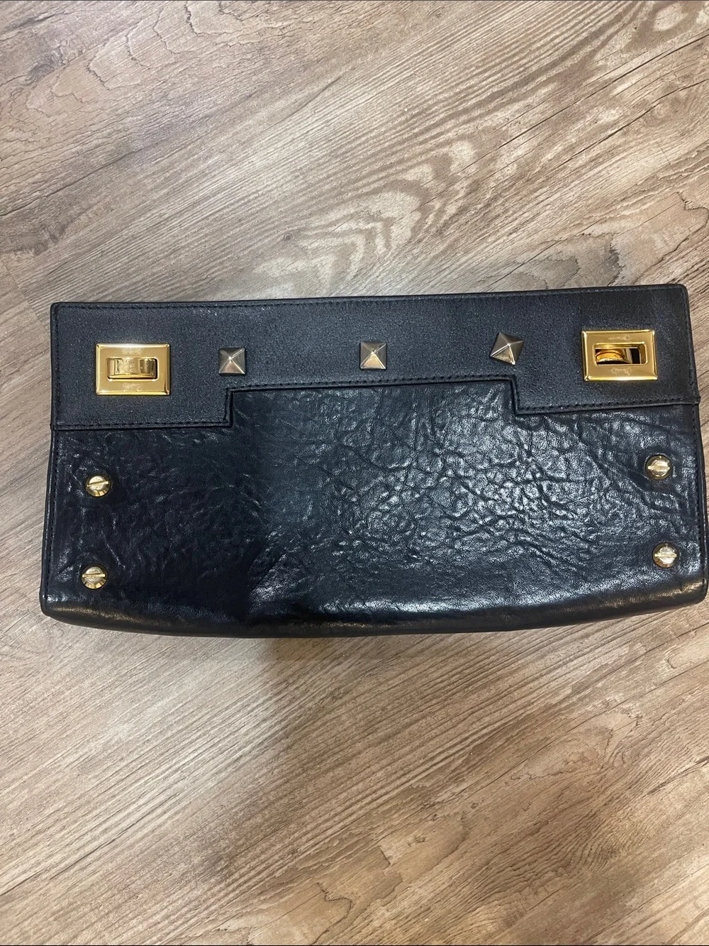 Black Leather Clutch with Gold Hardware