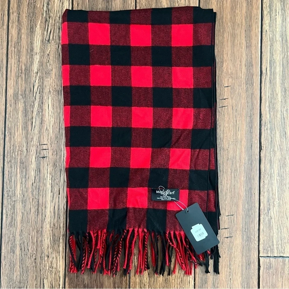 NWT Magic Scarf Buffalo Plaid Red Black Check Infinity Wrap Shawl Fringe Classic