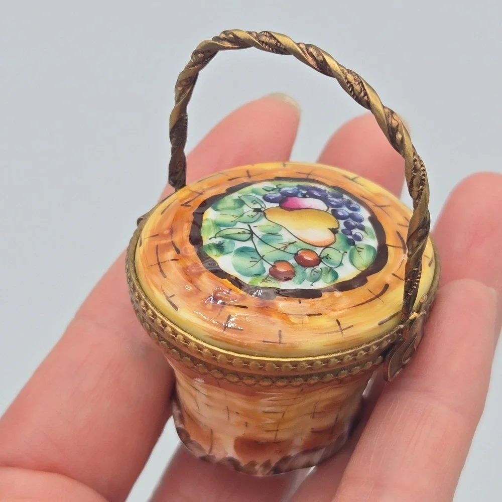 Vintage Limoges Trinket Box Fruit Basket Hand Painted Pear Grapes France