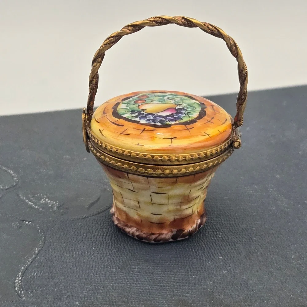 Vintage Limoges Trinket Box Fruit Basket Hand Painted Pear Grapes France