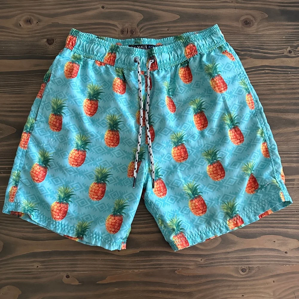Men’s Maui and Sons Blue Orange Pineapple Print Swim Trunks M Beachwear