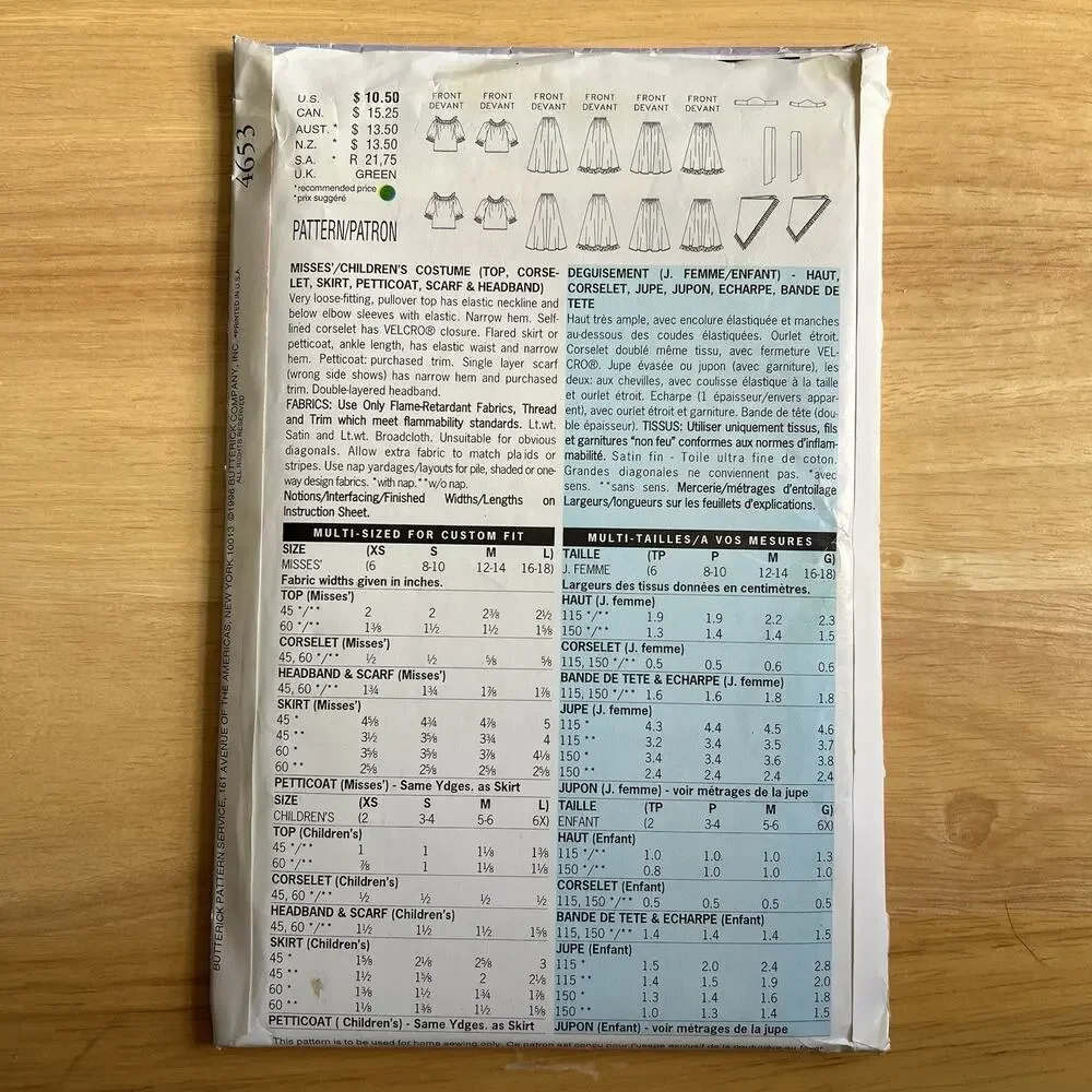 1996 Butterick Sewing Patterns 4653 Gypsy Fortune Teller Costumes Child Adult