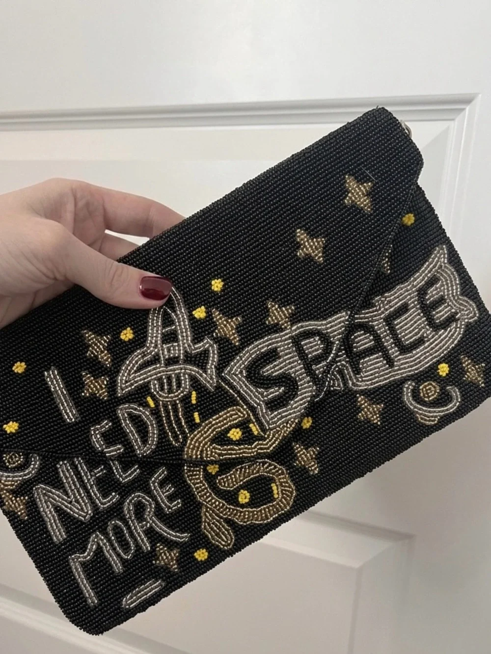 Black Beaded 'I Need More Space' Evening Clutch