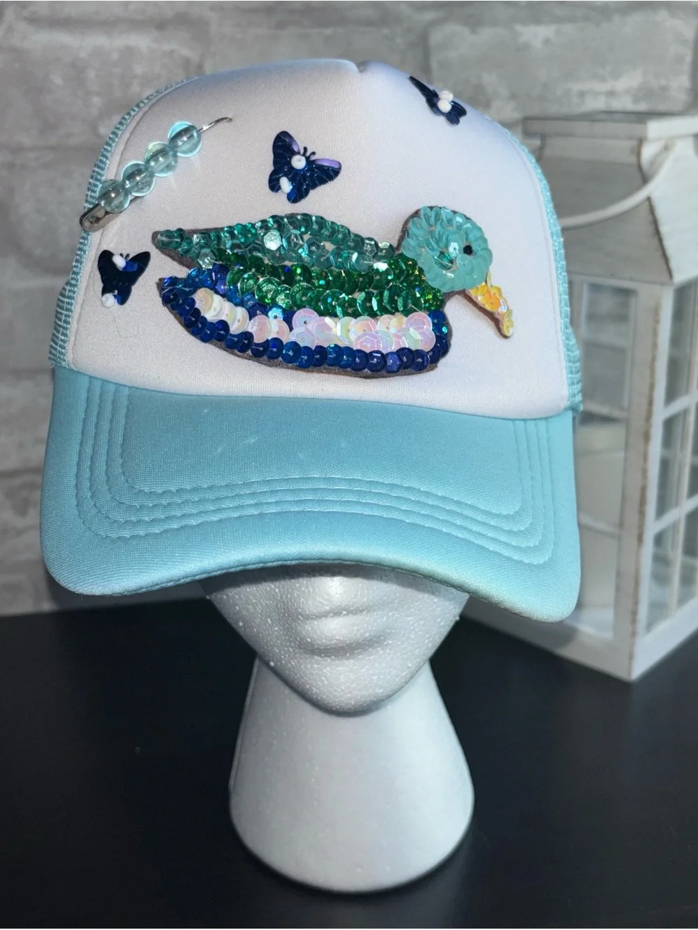 Handmade Sequin Design, Baby Blue, Duck Trucker Hat