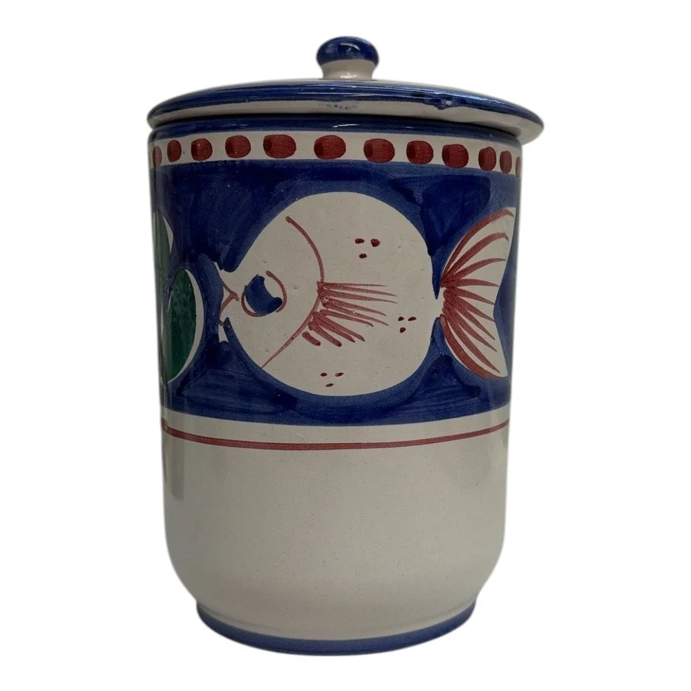 Solimene Vietri Campagna Pesce/Fish Italy Blue Ceramic Kitchen Canister 7.5