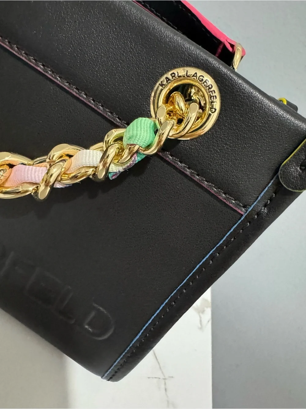 Karl Lagerfeld Black Shoulder Bag with Gold Rainbow-Trim Chain