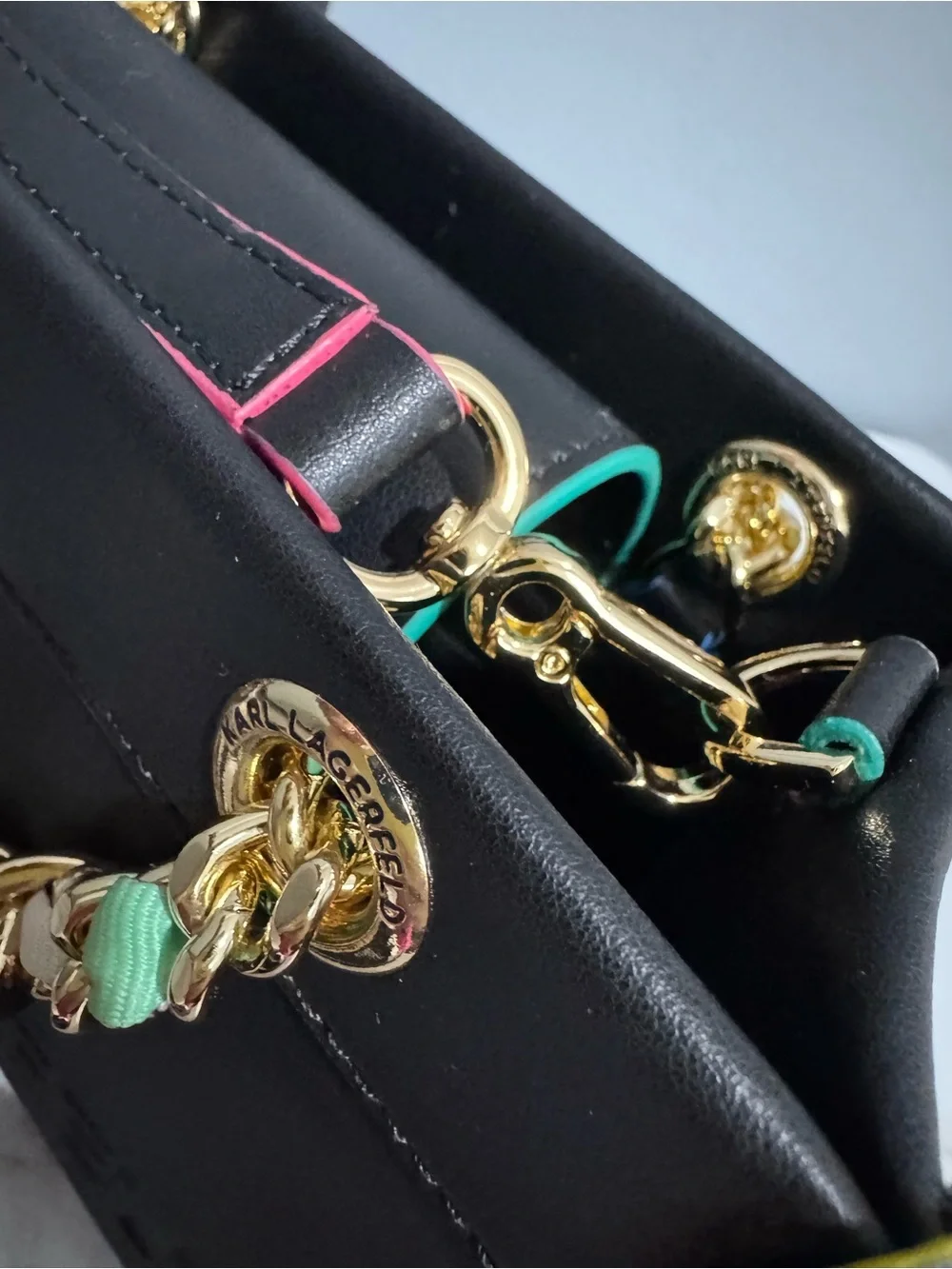 Karl Lagerfeld Black Shoulder Bag with Gold Rainbow-Trim Chain