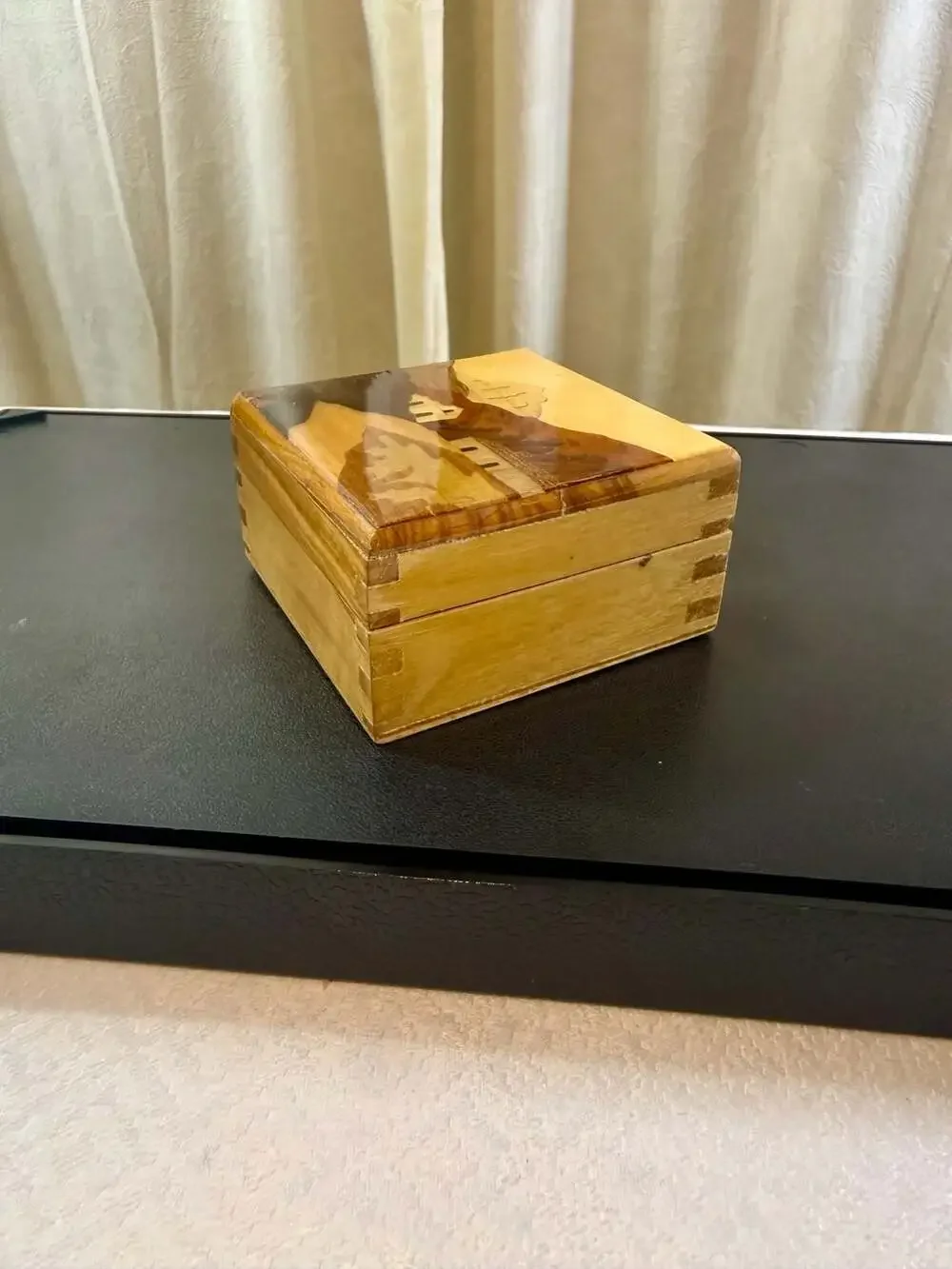 Vintage Handcrafted Wooden Marquetry Jewelry Trinket Box with Landscape Scene