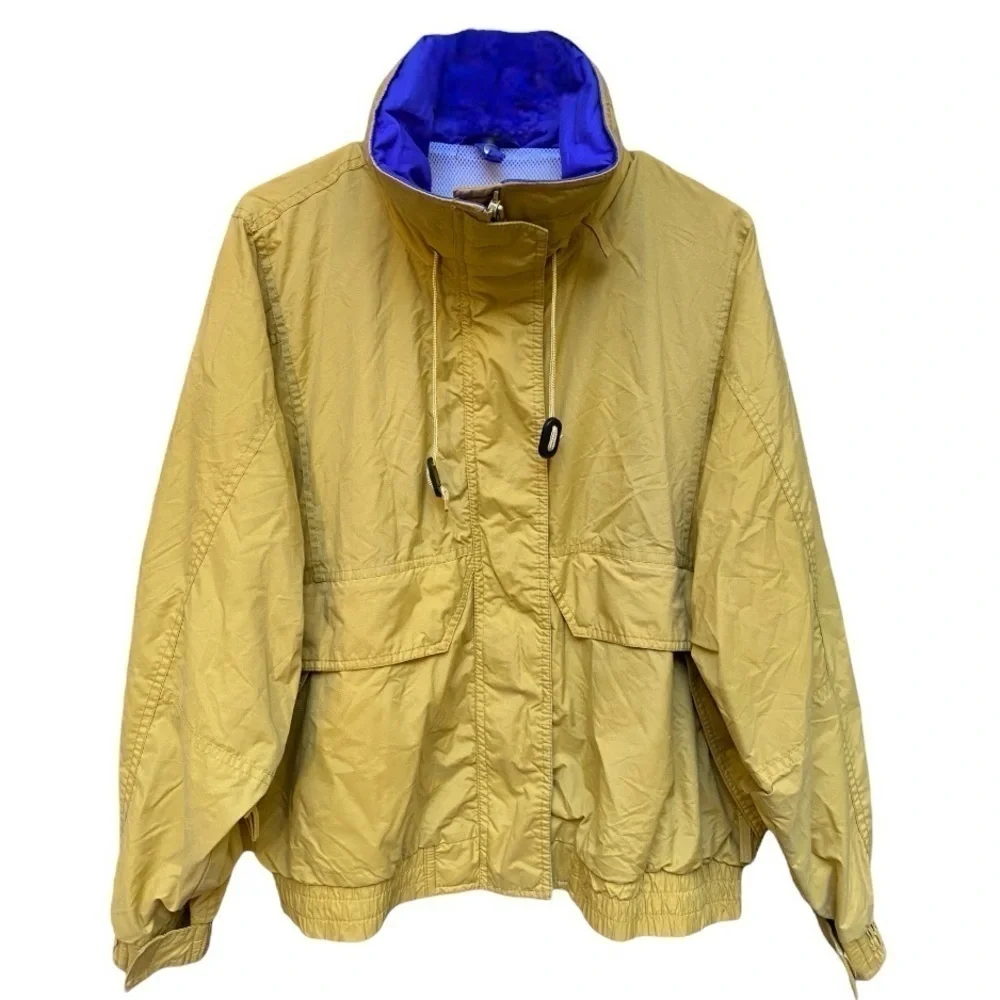Vintage Eddie Bauer Yellow Raincoat with Blue Lined Collar