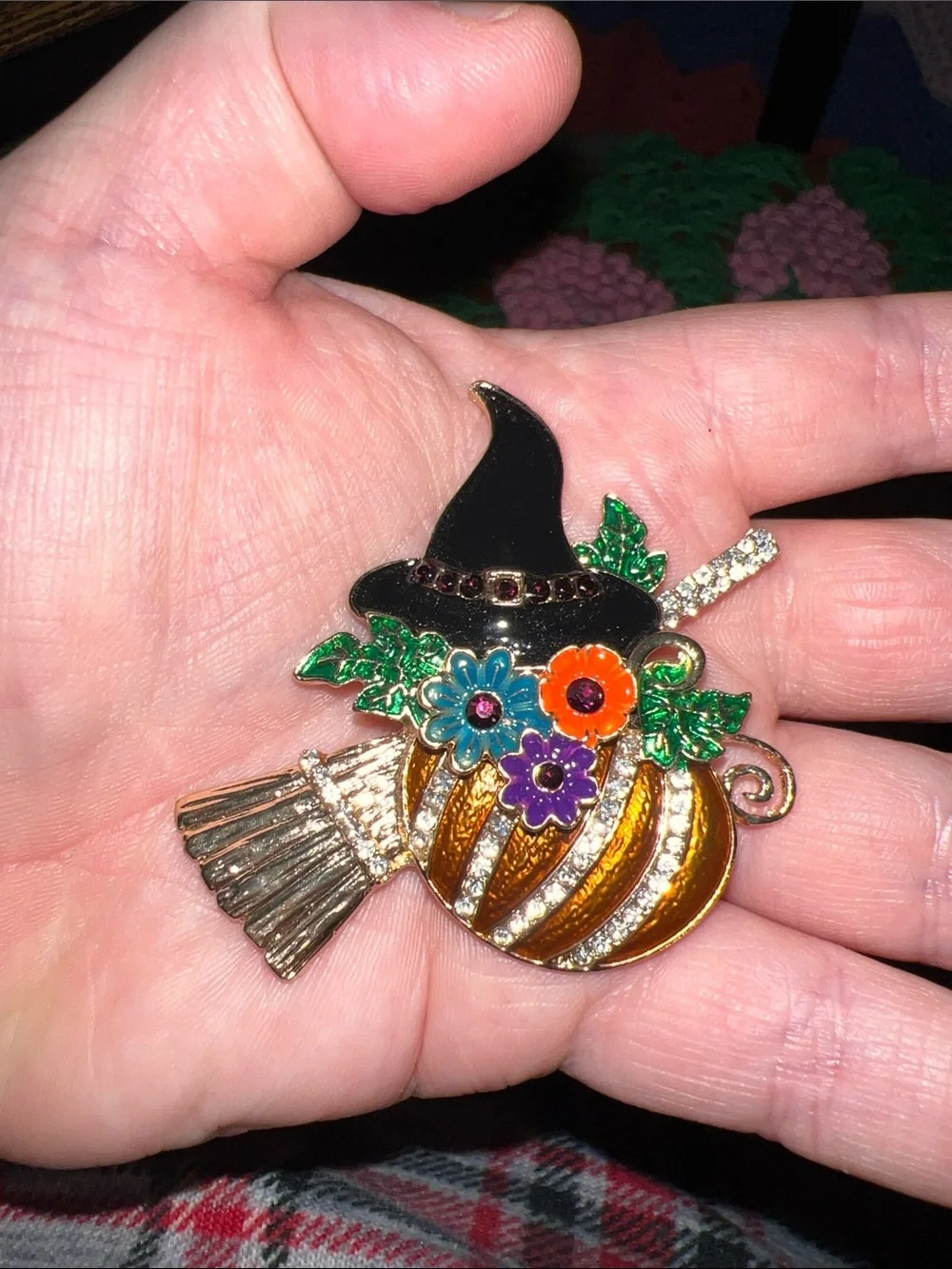 Colorful Witch Hat & Pumpkin Brooch Pin - Multicolor Floral Accent