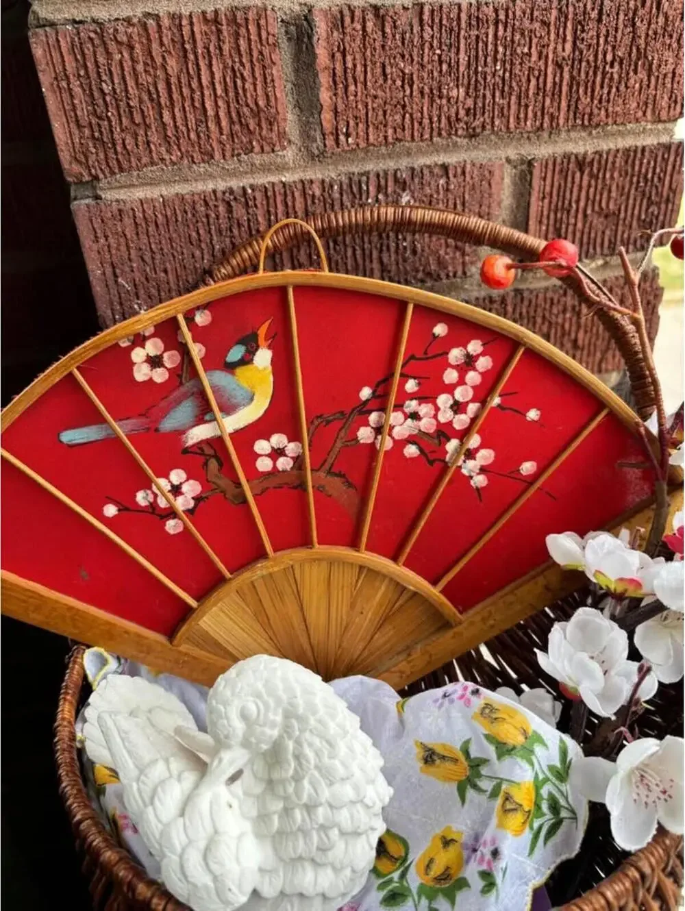 Decorative Basket with Red Wall Fan & Artificial Flowers