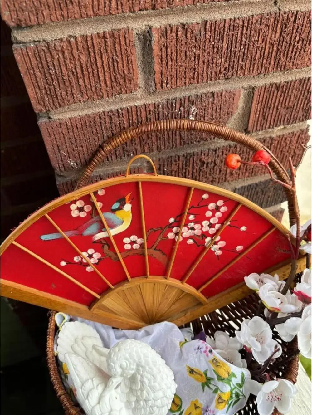 Decorative Basket with Red Wall Fan & Artificial Flowers