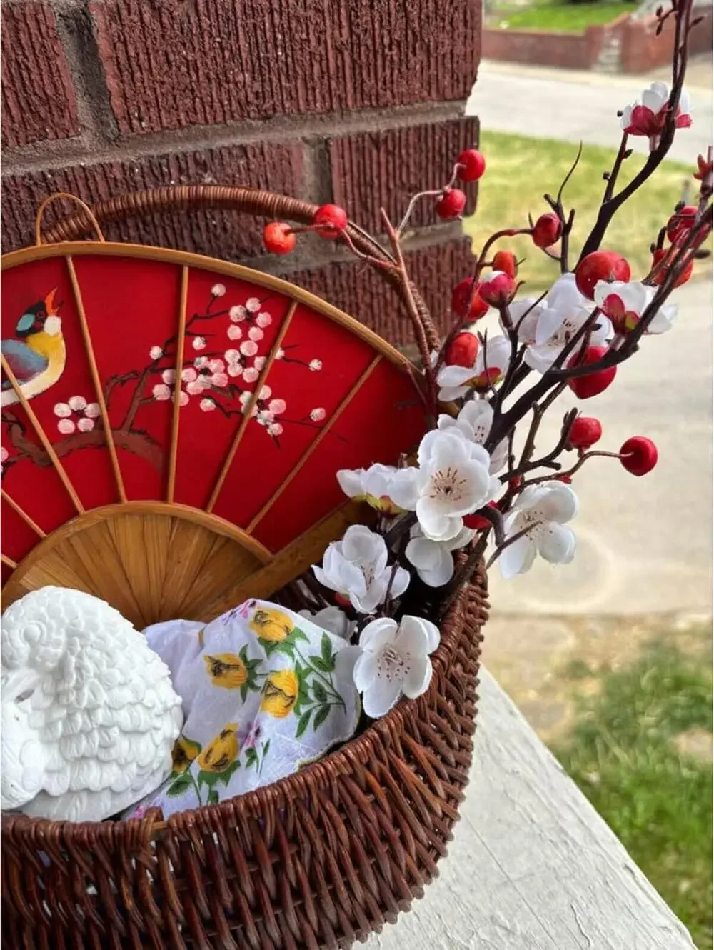 Decorative Basket with Red Wall Fan & Artificial Flowers